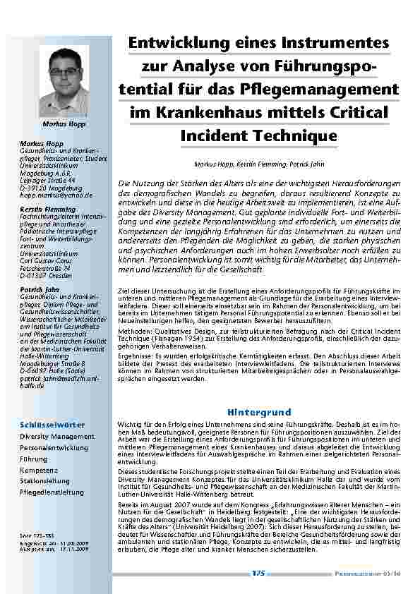 [doc_200076] Entwicklung eines Instrumentes zur Analyse von Führungspotential für das Pflegemanagement im Krankenhaus mittels Critical Incident Technique