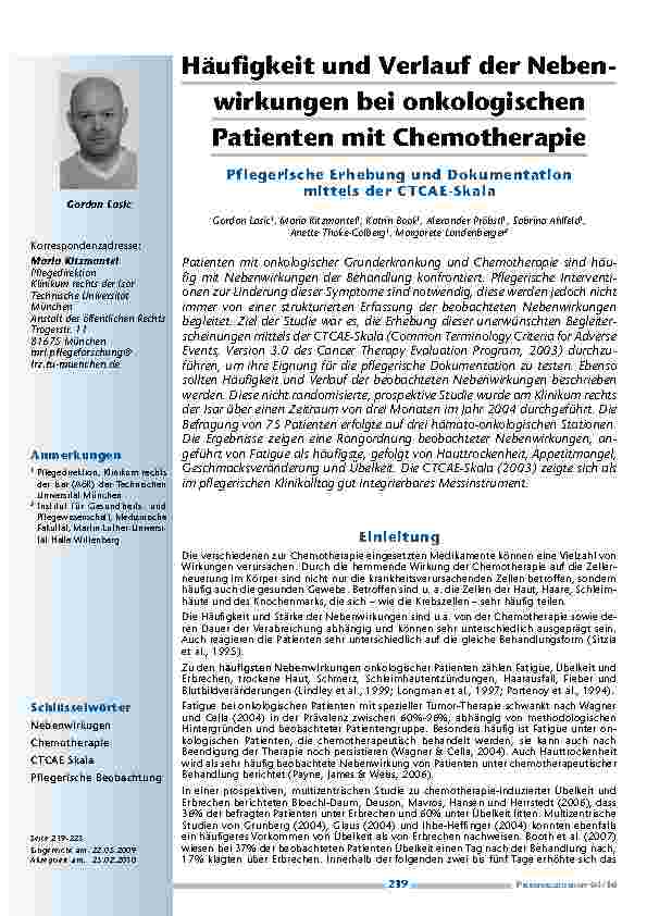 [doc_200074] Häufigkeit und Verlauf der Nebenwirkungen bei onkologischen Patienten mit Chemotherapie – Pflegerische Erhebung und Dokumentation mittels der CTCAE-Skala