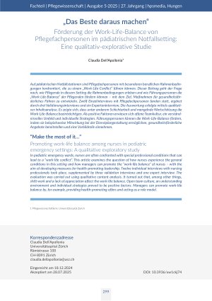 [doc_568141] „Das Beste daraus machen“ Förderung der Work-Life-Balance von Pflegefachpersonen im pädiatrischen Notfallsetting: Eine qualitativ-explorative Studie