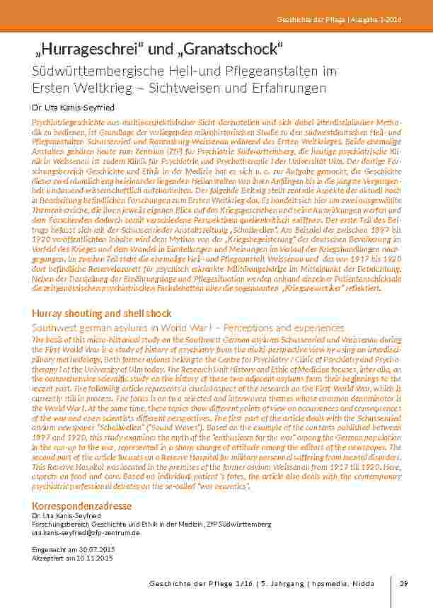 [doc_203089] „Hurrageschrei“ und „Granatschock“ Südwürttembergische Heil-und Pflegeanstalten im Ersten Weltkrieg – Sichtweisen und Erfahrungen