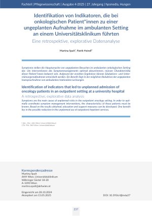 [doc_562688] Identifikation von Indikatoren, die bei onkologischen Patient*innen zu einer ungeplanten Aufnahme im ambulanten Setting an einem Universitätsklinikum führten