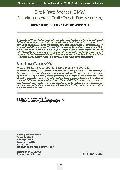 [doc_560623] One Minute Wonder (OMW) Ein Lehr-Lernkonzept für die Theorie-Praxisvernetzung