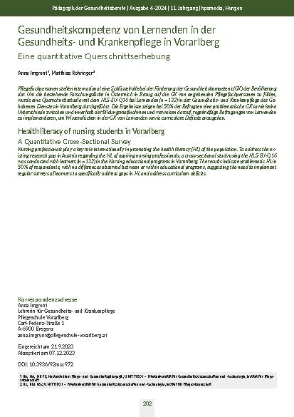 [doc_321155] Gesundheitskompetenz von Lernenden in der Gesundheitsund Krankenpflege in Vorarlberg: Eine quantitative Querschnittserhebung
