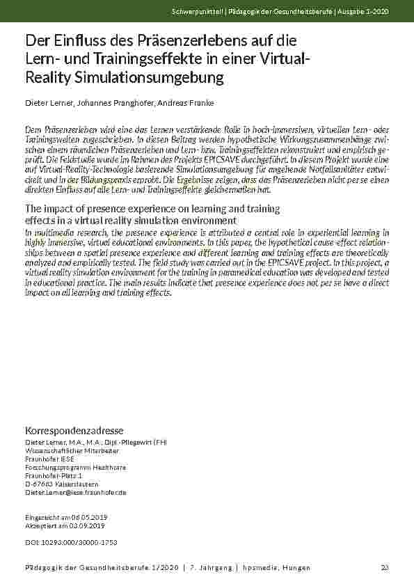 [doc_202144] Der Einfluss des Präsenzerlebens auf die Lernund Trainingseffekte in einer Virtual-Reality-Simulationsumgebung