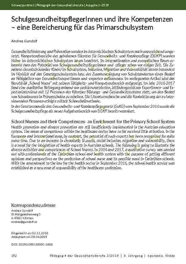 [doc_202124] SchulgesundheitspflegerInnen und ihre Kompetenzen – eine Bereicherung für das Primarschulsystem