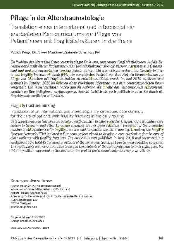 [doc_202123] Pflege in der Alterstraumatologie. Translation eines international und interdisziplinär erarbeiteten Kerncurriculums zur Pflege von PatientInnen mit Fragilitätsfrakturen in die Praxis