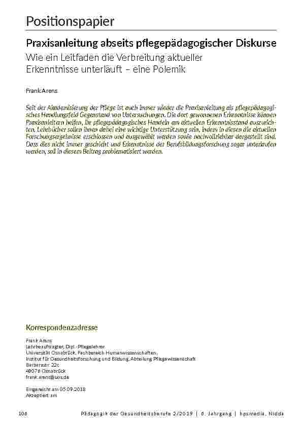 [doc_202108] Positionspapier: Praxisanleitung abseits pflegepädagogischer Diskurse. Wie ein Leitfaden die Verbreitung aktueller Erkenntnisse unterläuft – eine Polemik