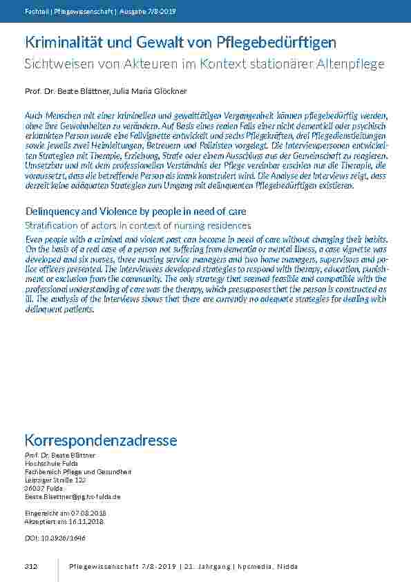 [doc_201784] Kriminalität und Gewalt von Pflegebedürftigen. Sichtweisen von Akteuren im Kontext stationärer Altenpflege
