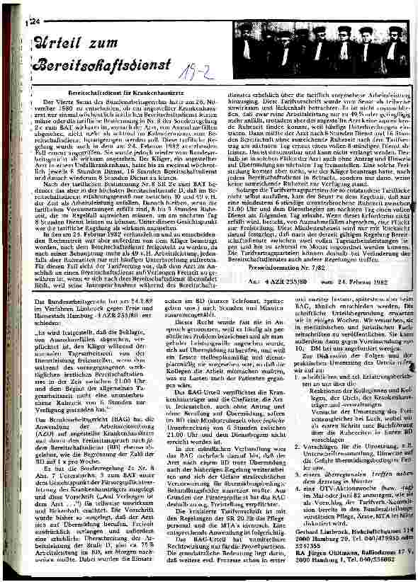 [doc_9156] Urteil zum Bereitschaftsdienst Presseinformationen 7/82
