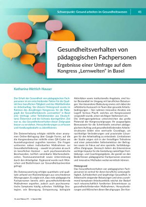 [doc_571708] Gesundheitsverhalten von pädagogischen Fachpersonen Ergebnisse einer Umfrage auf dem Kongress „Lernwelten“ in Basel