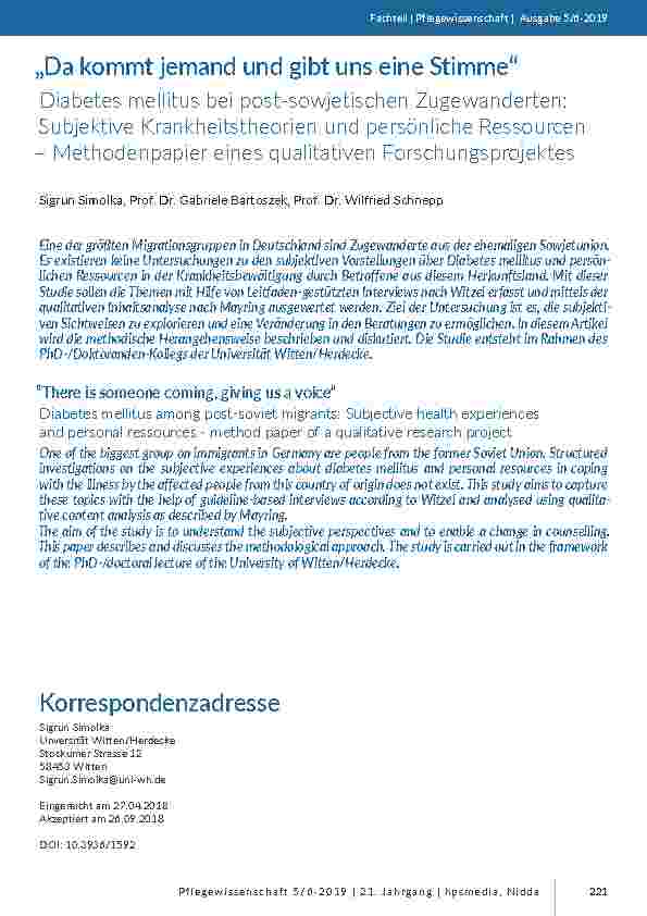 [doc_201770] „Da kommt jemand und gibt uns eine Stimme“. Diabetes mellitus bei post-sowjetischen Zugewanderten: Subjektive Krankheitstheorien und persönliche Ressourcen – Methodenpapier eines qualitativen Forschungsprojektes