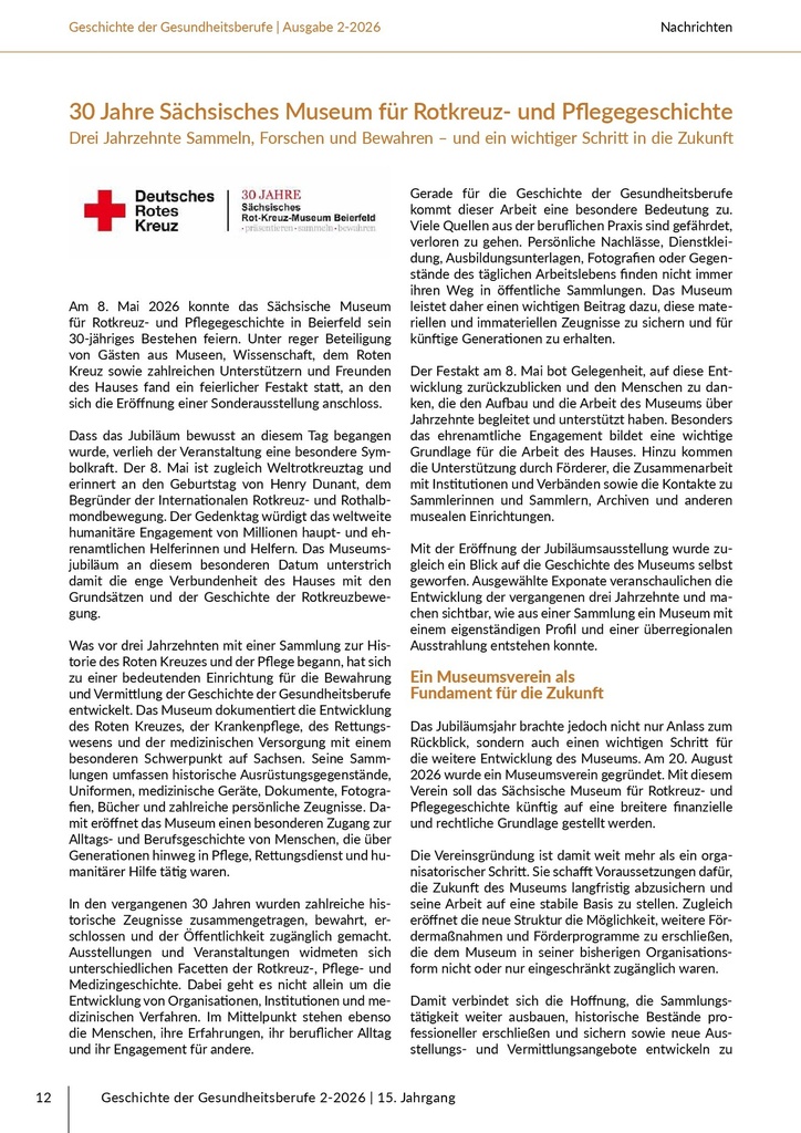 [doc_775365] 30 Jahre Sächsisches Museum für Rotkreuz- und Pflegegeschichte – Das Journal für historische Forschung der Pflege- und Gesundheitsberufe