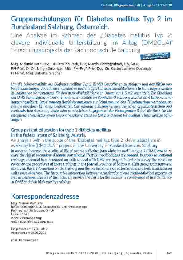 [doc_201727] Gruppenschulungen für Diabetes mellitus Typ 2 im Bundesland Salzburg, Österreich. Eine Analyse im Rahmen des „Diabetes mellitus Typ 2: clevere individuelle Unterstützung im Alltag (DM2CUA)“ Forschungsprojekts der Fachhochschule Salzburg