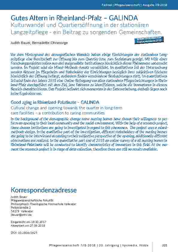 [doc_201699] Gutes Altern in Rheinland-Pfalz – GALINDA. Kulturwandel und Quartiersöffnung in der stationären Langzeitpflege - ein Beitrag zu sorgenden Gemeinschaften.