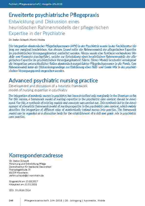 [doc_201672] Erweiterte psychiatrische Pflegepraxis. Entwicklung und Diskussion eines heuristischen Rahmenmodells der pflegerischen Expertise in der Psychiatrie
